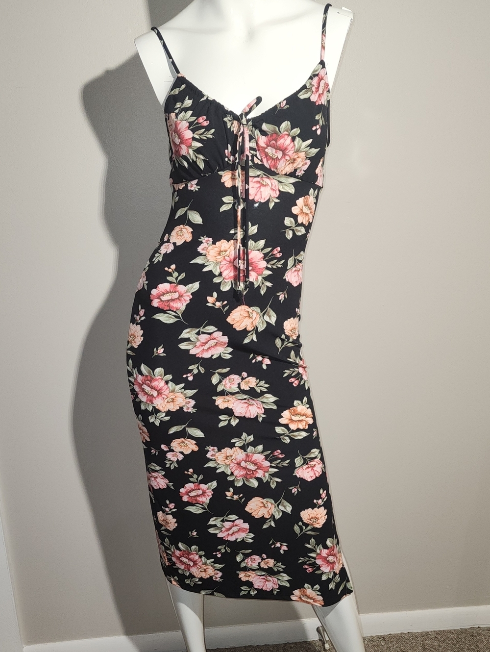 Fashion Nova Black Floral Tie-Front Midi Dress